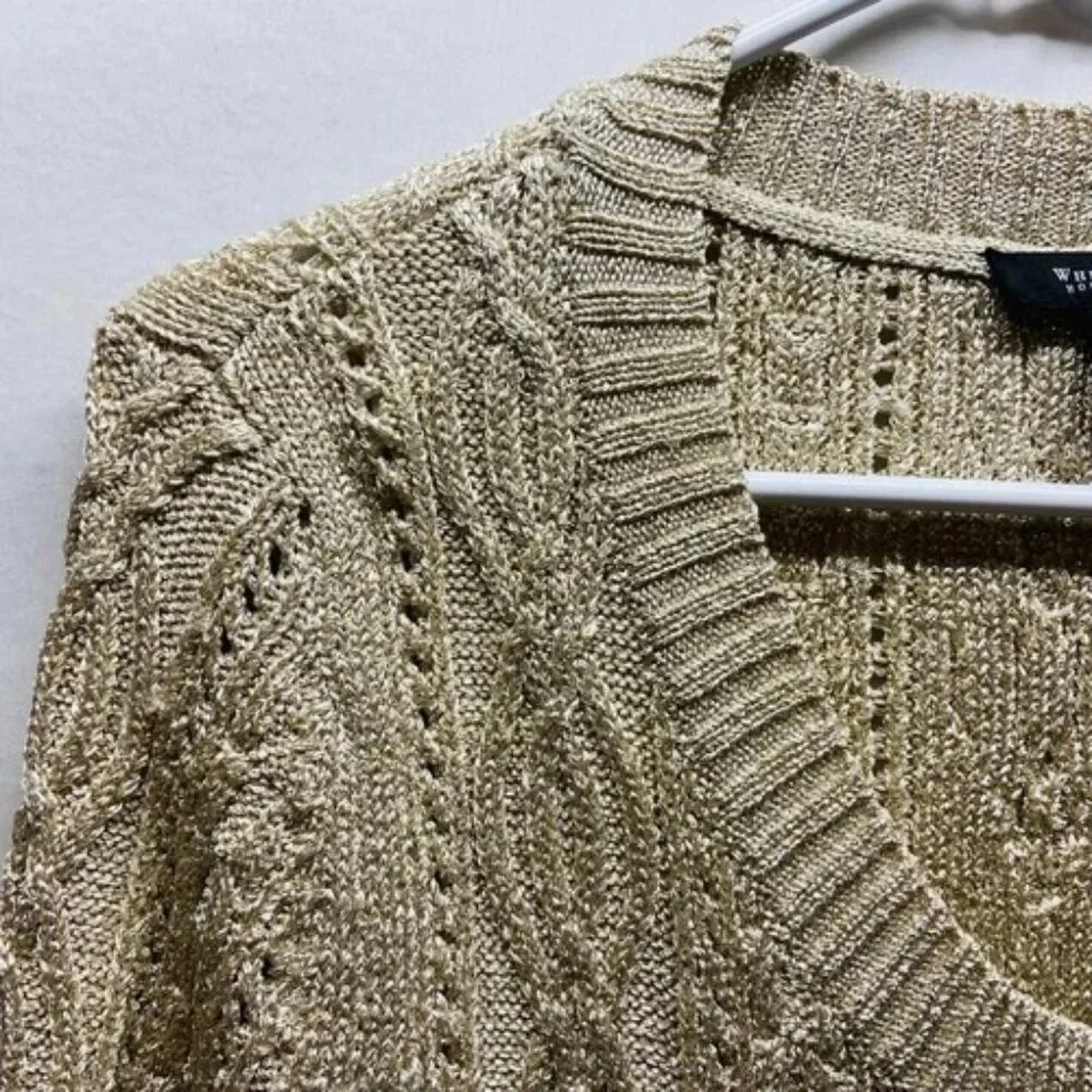 White House Black Market‎ Cardigan Sweater Women's Small Gold Metallic Knit EUC